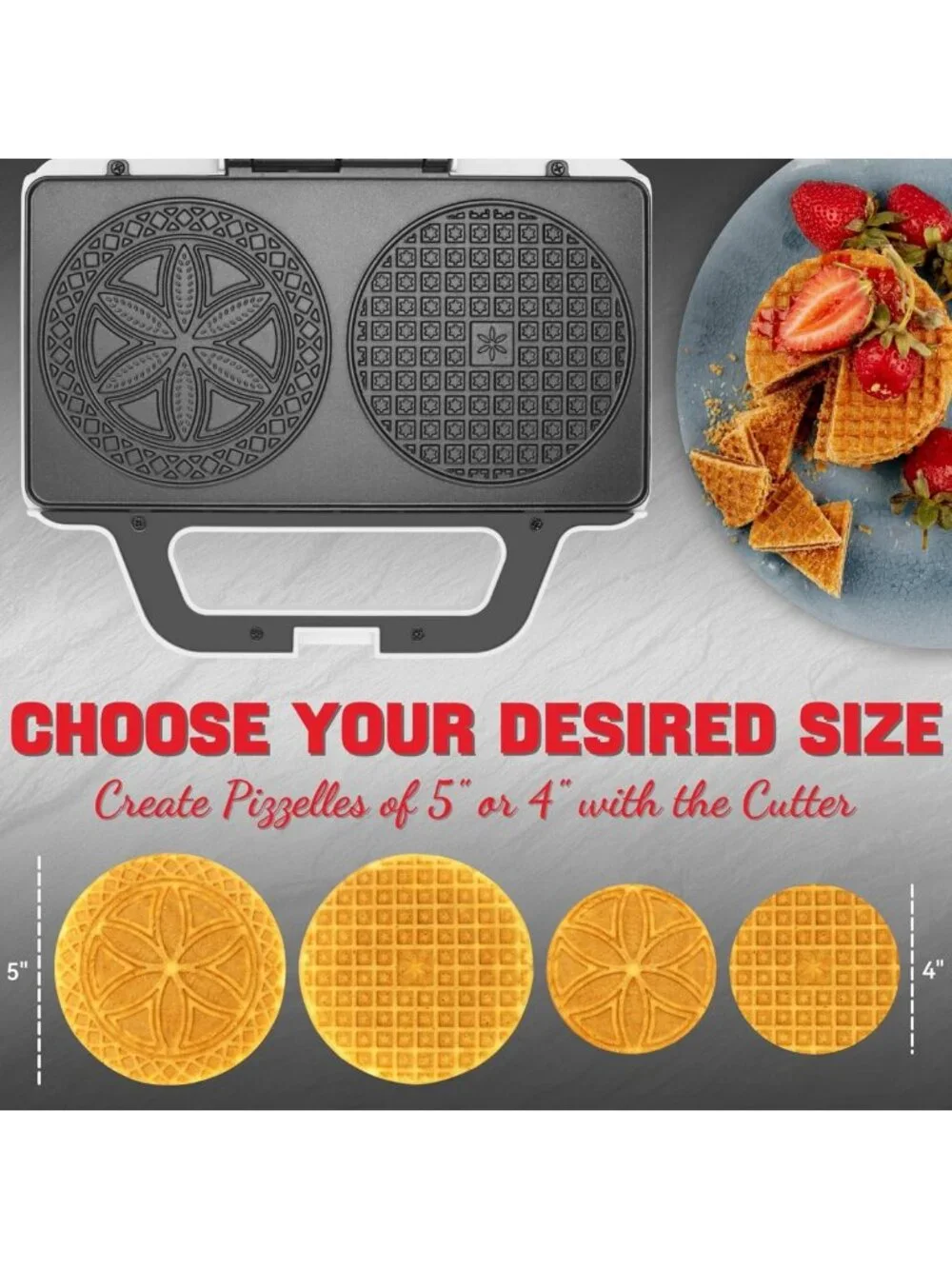 Electric Pizzelle Maker & Stroopwafel Iron - Non-Stick Cookie Machine with Mold